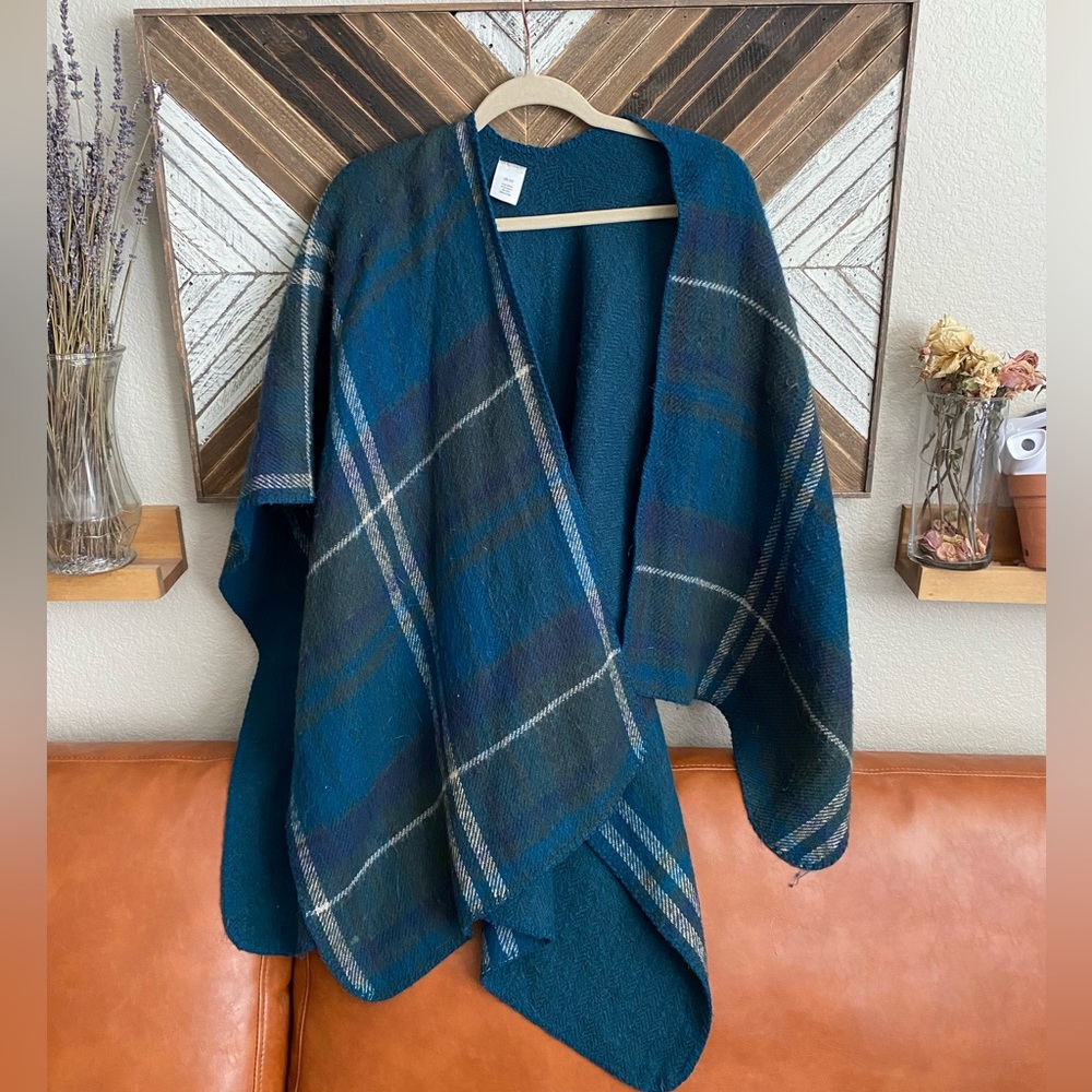 Navy blue & green & white poncho shawl one size fits all